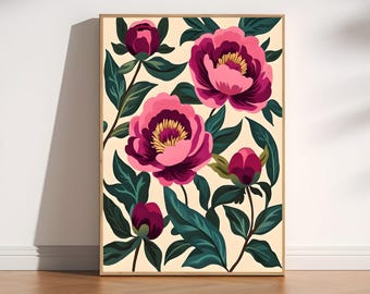 impression de peinture vintage pivoines roses, art mural floral romantique, déco botanique rose blush, impression d'art pivoine féminine, peinture pivoine par numéro