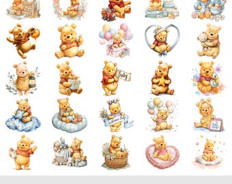 Cute Baby Bear PNG Clipart Bundle, Baby Shower Bear for Nursery Decor, Woodland Bear Nursery Transparent Background, Commercial Use