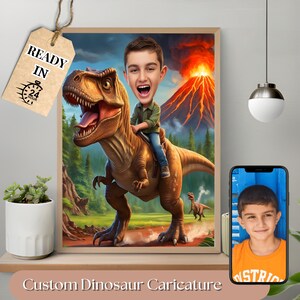 Caricatura de dinosaurio personalizada, niño montando dinosaurio, retrato personalizado, arte de dinosaurio jurásico, arte mural de dinosaurios