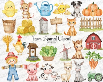 Cute Farm Animal Birthday Clipart PNG, Farm Party Clipart Bundle, Cute Farm Birthday Transparent Background, First Birthday Farm Digital