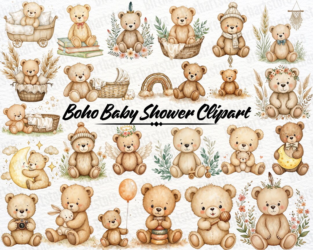 Boho Baby Shower Clipart Bundle • 50 Watercolor Neutral Teddy Bear PNG ...