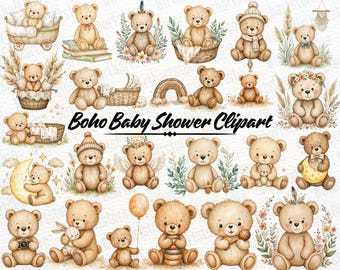 Boho Baby Shower Clipart PNG Bundle, 50 Neutral Teddy Bear Watercolor Graphics for Nursery Art