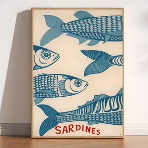 Sardines Print, Fish-Themed Wall Decor, Coastal Kitchen Decor, Minimalist Fish Wall Art, Vintage Kitchen Print, Vibrant Kitchen Wall Poster