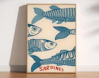 Vintage Sardine Print, Coastal Kitchen Decor, Retro Fish Wall Art, Minimalist Seafood Poster, Vibrant Kitchen Wall Art Digital Download