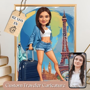 Portrait caricature de voyageur, Portrait caricature de voyageur personnalisé, Caricature à partir d'une photo, Caricature de voyage personnalisée, Cadeau de voyage de vacances