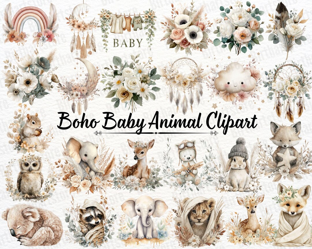 Watercolor Baby Animals Clipart Bundle, Boho Woodland Nursery PNG Set ...
