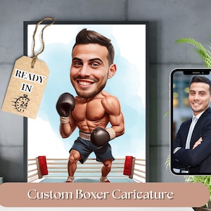 Boxer-Porträt, Boxchampion-Karikatur, Benutzerdefiniertes Kämpfer-Karikaturporträt, lustiger Boxerkarikatur vom Foto, digitale Boxerkunst für Geschenke