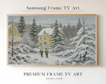 Samsung Frame TV Art, Winter Village Painting, Christmas Art Samsung Tv, Winter Landscape Painting, Frame Tv Art Holiday, Winter Tv Art