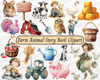 Cute Watercolor Farm Animal Clipart for Kids Storybook | Nursery Decor PNGs | Baby Shower & Toddler Crafts Digital Download