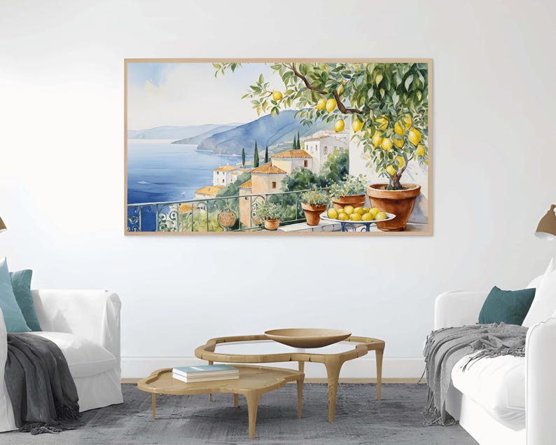 Amalfi Coast TV Art Mediterranean Lemons Frame TV Italian Coastal Scene TV Decor Lemon Grove TV Painting Amalfi Seaside TV Frame Vibrant Coastal TV Display Lemon Tree TV Art Amalfi Landscape TV Scene