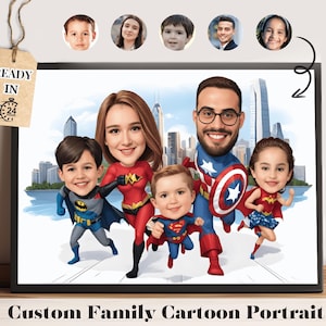 Retrato familiar personalizado de dibujos animados, retrato familiar de dibujos animados personalizado de superhéroes, retrato familiar, retrato de superhéroe personalizado, superhéroe familiar