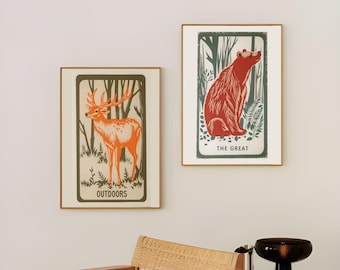 Vintage Wildlife Forest Wall Art Print, Bear Deer Wall Art Printable, Vintage Forest Animal Home Decor, Outdoor Cabin Decor Print