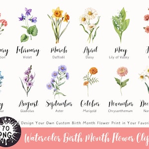 Clipart fleur mois de naissance, lot de PNG floral, fleur de mois de naissance bricolage, PNG floral antique, fleur de mois de naissance imprimable, clipart botanique