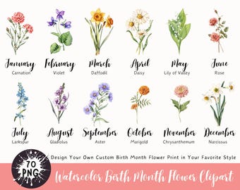 Birth Month Flower Clipart, Floral PNG Bundle, DIY Birth Month Flower, Antique Floral PNG, Birth Month Flower Printable, Botanical Clipart