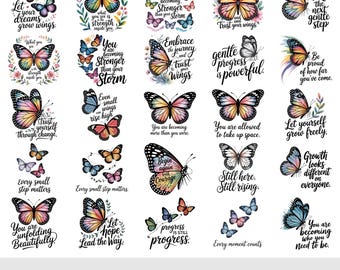 Motylowy cytat Clipart PNG, Akwarela Motylowy cytat PNG Pakiet, Inspirujący Motyl PNG Przezroczyste Tło, Motyl