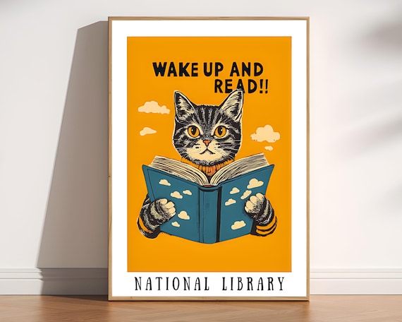cat reading poster, Book Lover Wall Art, Cat-Inspired Library Decor, Cat Art Print for Reading Nook, Beautiful Wall Art of Cat, Cat Wall Art