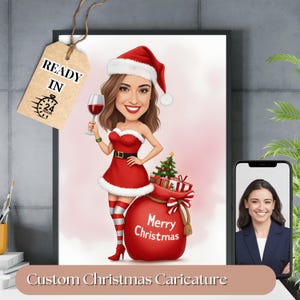 Caricature de Noël, Art de la caricature pour femme Noël, cadeau portrait femme Noël, caricature à partir d'une photo, cadeau de Noël personnalisé pour elle