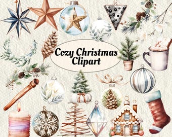 居心地の良いクリスマス クリップアート - 水彩画風ボヘミアン クリスマス、ボヘミアン ヴィンテージ ホリデー、ニュートラル クリスマス クリップアート、冬のホリデー クリップアート、お祝いのクリップアート