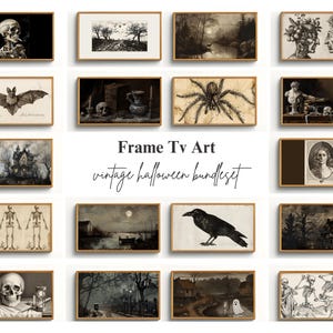 May include: A set of 16 digital printable Halloween themed images for use as digital art, wall art, or for creating printable crafts. The images feature a variety of spooky and whimsical designs, including bats, spiders, skeletons, and haunted houses.
