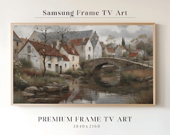 Country Landscape TV Art Frame, Spring Vintage French Country Oil Painting, Muted Tones Farmhouse Village Decor