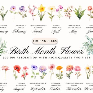 Birth Month Flower Clipart, Birth Flower PNG, Antique Floral PNG, Personalized Flower Bouquet Graphic, Birthday Flower, Floral Botanical PNG