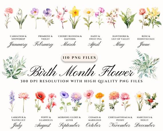 Birth Flower Clipart, Birth Month Flower Clipart, Antique Botanical PNG, Personalized Bouquet Graphic