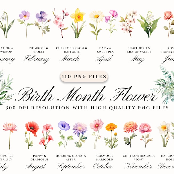 Birth Month Flower Clipart, Birth Flower PNG, Antique Floral PNG, Personalized Flower Bouquet Graphic, Birthday Flower, Floral Botanical PNG