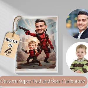 Superheld Karikatur, Super Vater und Sohn Cartoon, Familie Superheld Porträt, Superheld Porträt Geschenk, lustige Superheld Zeichnung, Super Papa Geschenk