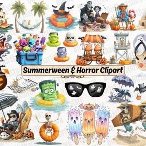 May include: A collection of Summerween and Horror-themed clipart. Includes illustrations of Halloween-themed beach scenes, monsters, skeletons, and beach accessories. The text "Summerween & Horror Clipart" is also included.