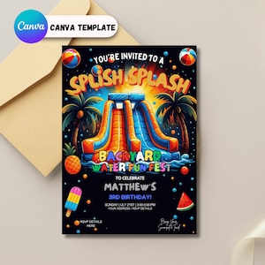Può includere: Un invito colorato per un Backyard Water Fun Fest, con un'illustrazione di uno scivolo d'acqua. L'invito include il testo "You're Invited to a Splish Splash" e i dettagli per il 3° compleanno di Matthew.