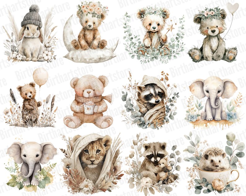 Watercolor Baby Animals Clipart Bundle, Boho Woodland Nursery PNG Set ...