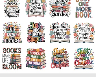 Reading Quotes Clipart Mega Bundle, Floral Book Quotes Clipart PNG, Bookworm Stickers for Printable Crafts, Commercial Use Digital Download