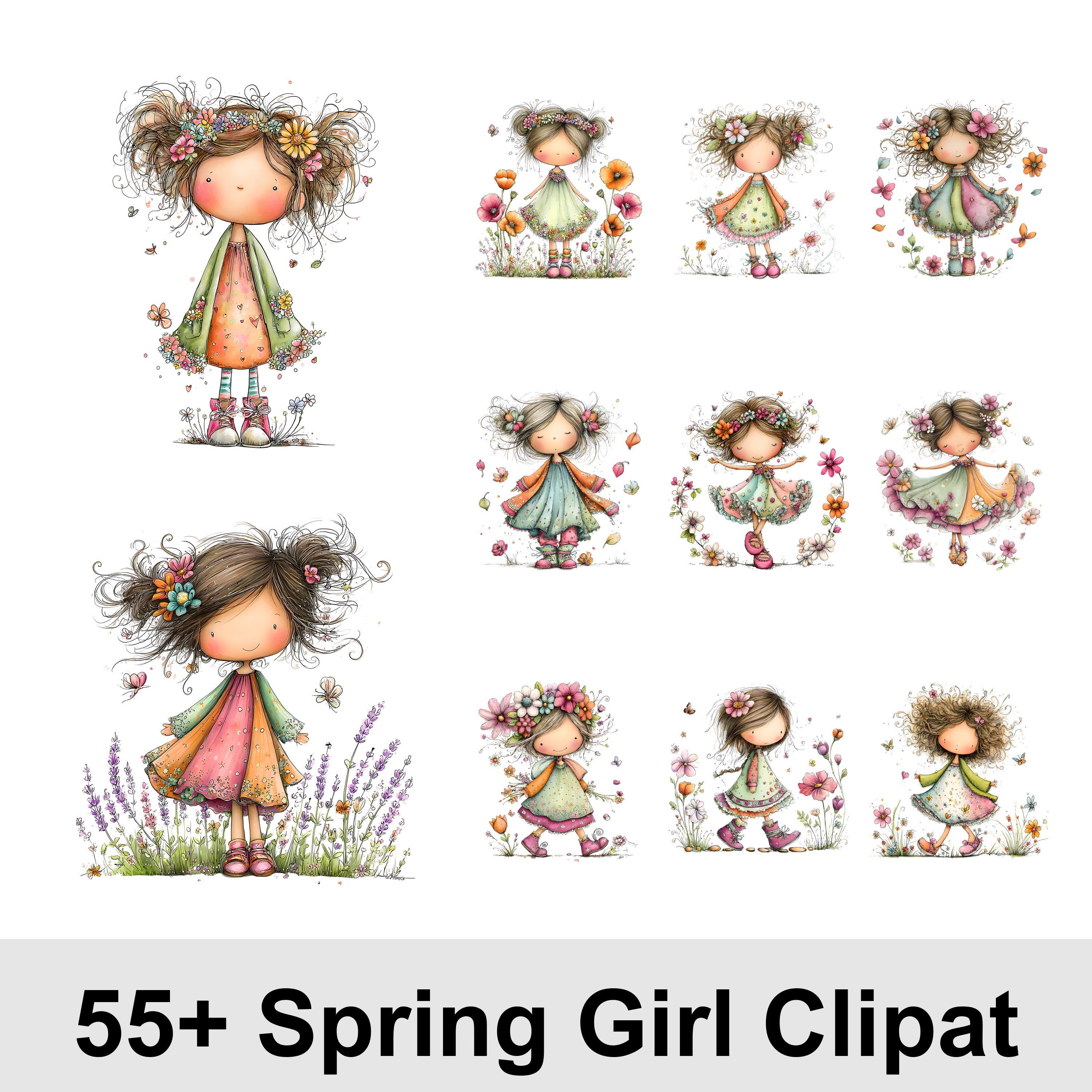 55 Whimsical Girl Clipart PNG Bundle | Spring Digital Art, Cute Girl ...