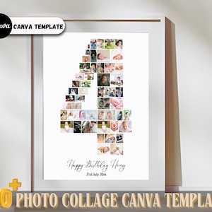 Regalo de 4.º cumpleaños, collage de fotos con números, collage imprimible de 4.º cumpleaños, collage editable de 4.º cumpleaños, póster de cumpleaños personalizado, decoración de fiesta