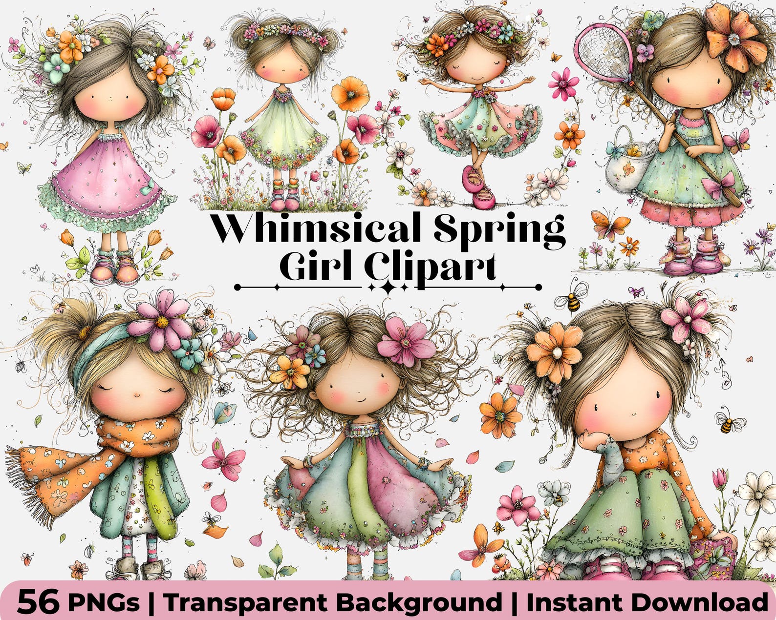 55 Whimsical Girl Clipart PNG Bundle | Spring Digital Art, Cute Girl ...