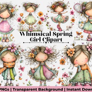 55枚の気まぐれな女の子のクリップアートPNGバンドル | 春のデジタルアート、保育園の装飾や印刷可能な工芸品のためのかわいい女の子のイラスト • 商用利用