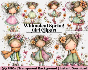 55 Whimsical Girl Clipart PNG Bundle | Spring Digital Art, Cute Girl Illustration for Nursery Decor & Printable Crafts • Commercial Use