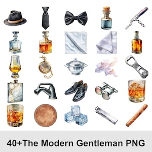 May include: Watercolor illustration of various gentleman's accessories, including a black fedora hat, tie, bow tie, bottles, a corkscrew, a pocket watch, shoes, and a cigar. The text "40+ The Modern Gentleman PNG" is at the bottom.