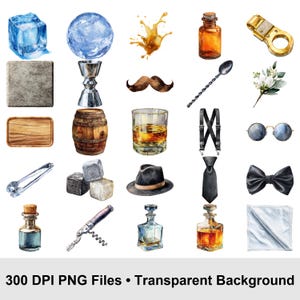 May include: Watercolor illustrations of bar and cocktail accessories. Includes ice cubes, a cocktail shaker, a whiskey glass, a fedora, a bow tie, and other items. The image also contains the text "300 DPI PNG Files &bull; Transparent Background."