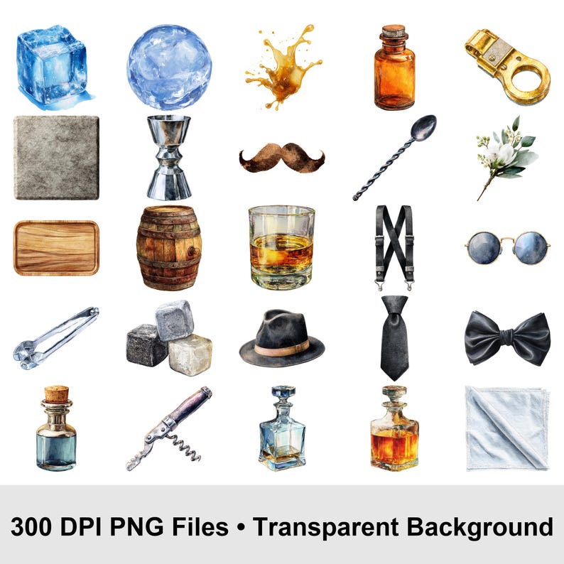 May include: Watercolor illustrations of bar and cocktail-related items. Includes ice cubes, a cocktail shaker, a whiskey glass, a black fedora, a bow tie, a corkscrew, and other bar accessories. The image also includes text that reads "300 DPI PNG Files &bull; Transparent Background."