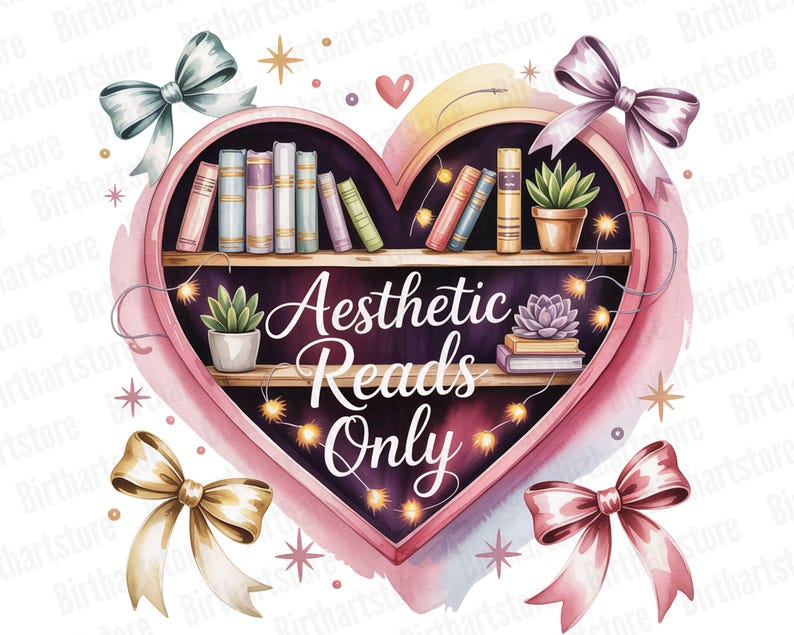Pode incluir: Ilustra&ccedil;&atilde;o de uma estante em forma de cora&ccedil;&atilde;o com o texto 'Aesthetic Reads Only'. O design apresenta livros, plantas e luzes de corda, em tons de rosa e roxo, com la&ccedil;os decorativos.