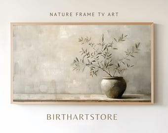 Nature Frame TV Art, Neutral Botanical Wall Art, Olive Branch Still Life, Samsung Frame TV Digital Download, Minimalist Beige Decor
