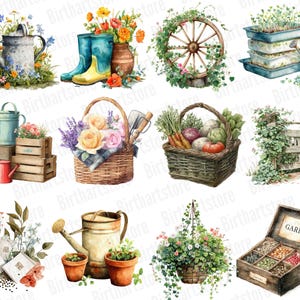 May include: Watercolor illustrations of gardening items, including a watering can, boots, wheel, baskets, and a wooden box labeled "GARDEN." The images feature flowers, vegetables, and gardening tools, with a vintage aesthetic.