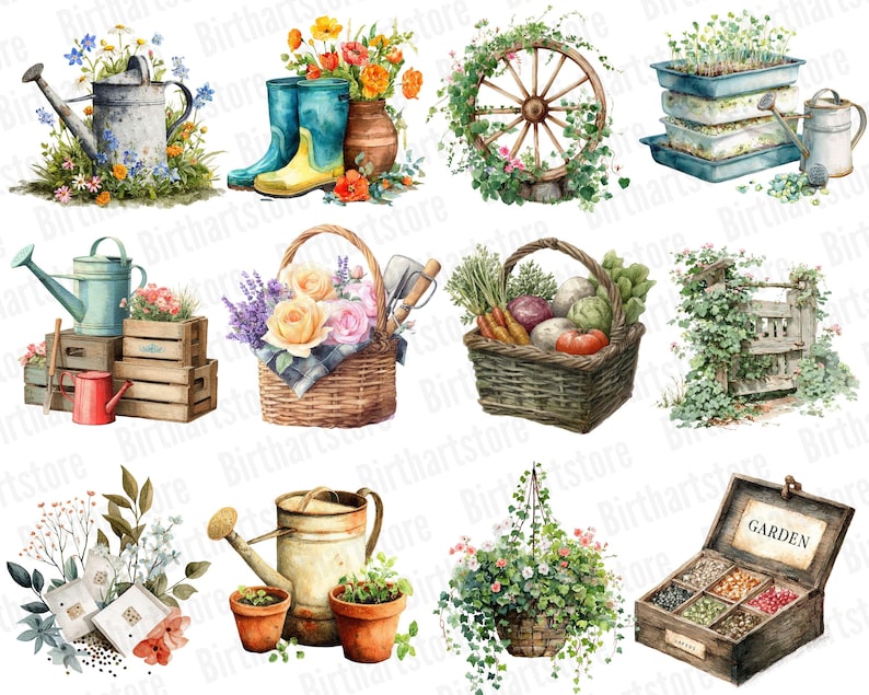 May include: Watercolor illustrations of gardening items, including a watering can, boots, wheel, baskets, and a wooden box labeled "GARDEN." The images feature flowers, vegetables, and gardening tools, with a vintage aesthetic.