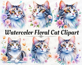 Gato com flores em aquarela | Gatos caprichosos com flores (download digital)