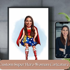 Personalisiertes Superhelden-Porträt, Superfrau-Karikatur, lustiges Superhelden-Porträt, individuelles Geschenk, Superfrau Kunstdruck, Superhelden-Geschenk für Mutter