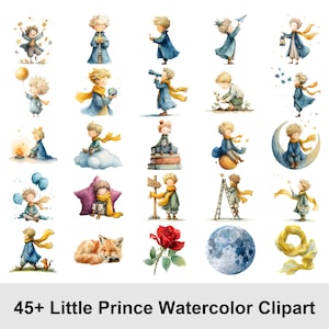Puede incluir: Conjunto de imágenes prediseñadas de acuarela con ilustraciones de El Principito en varias poses. Las imágenes incluyen a El Principito con un zorro, una rosa, una luna y otros elementos. La paleta de colores incluye azules, amarillos y naranjas.