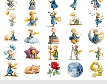 Lot de cliparts Le Petit Prince | Ensemble de 45 aquarelles Le Petit Prince PNG pour baby shower • Art pour chambre de bébé renard Petit Prince, usage commercial