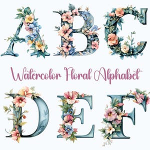 Floral Alphabet Png, Floral Letters Clipart, Alphabet Png, Vintage Floral Lettering Graphics, Initials Clipart, Rustic Watercolor Letters