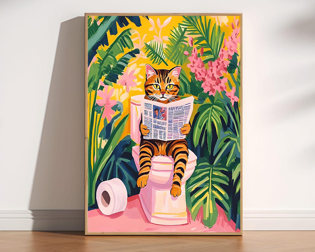 Funny Cat Bathroom Art, Cat on Toilet Print, Tabby Cat Wall Decor ...